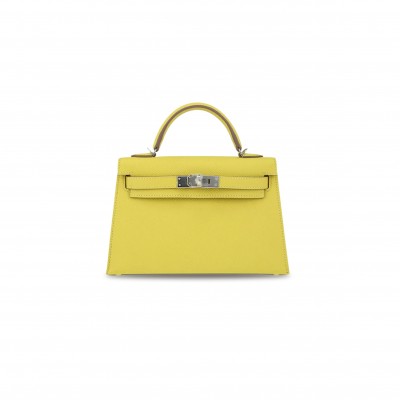 HERMÈS MINI KELLY II EPSOM LEMON YELLOW SILVER BUCKLE (19*12*5.5cm) 